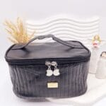 کیف لوازم آرایشی چرمی دوخت شده (رنگ مشکی) FASHION