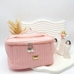 کیف لوازم آرایشی چرمی دوخت شده (رنگ صورتی) FASHION